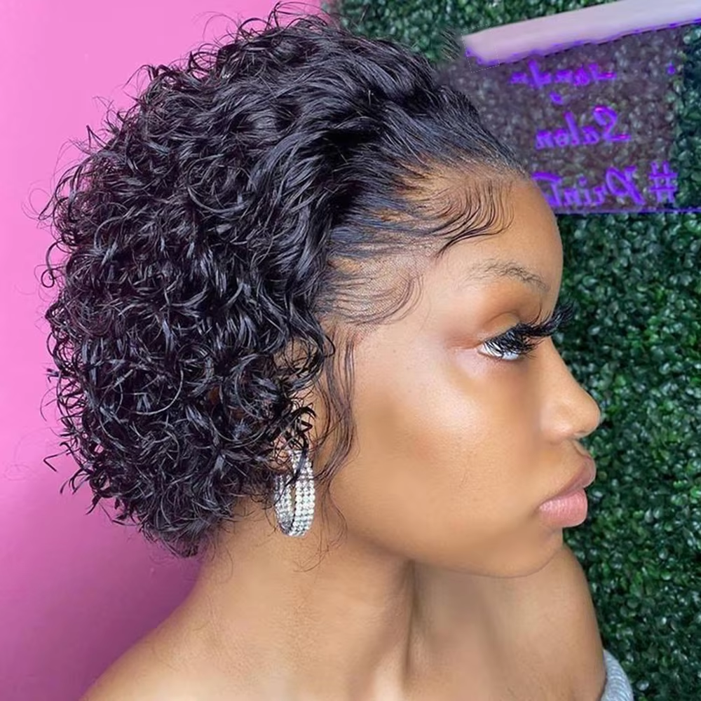𝐏𝐫𝐞̂𝐭 𝐞𝐧 𝟐𝟒𝐡⚡Naturelle Confortable Perruque Noir Coupe Pixie 13x4 T-Part Dentelle Vague Bouclée Cheveux Humains