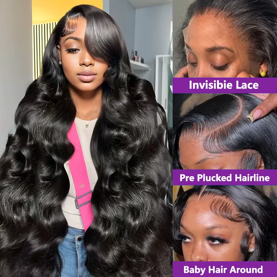 𝟐 𝐅𝐎𝐑 €119💥Perruque 20"Noir 13×4 Dentelle Body Wave+8" Frange No Lace Mode Bob Lisse Noir