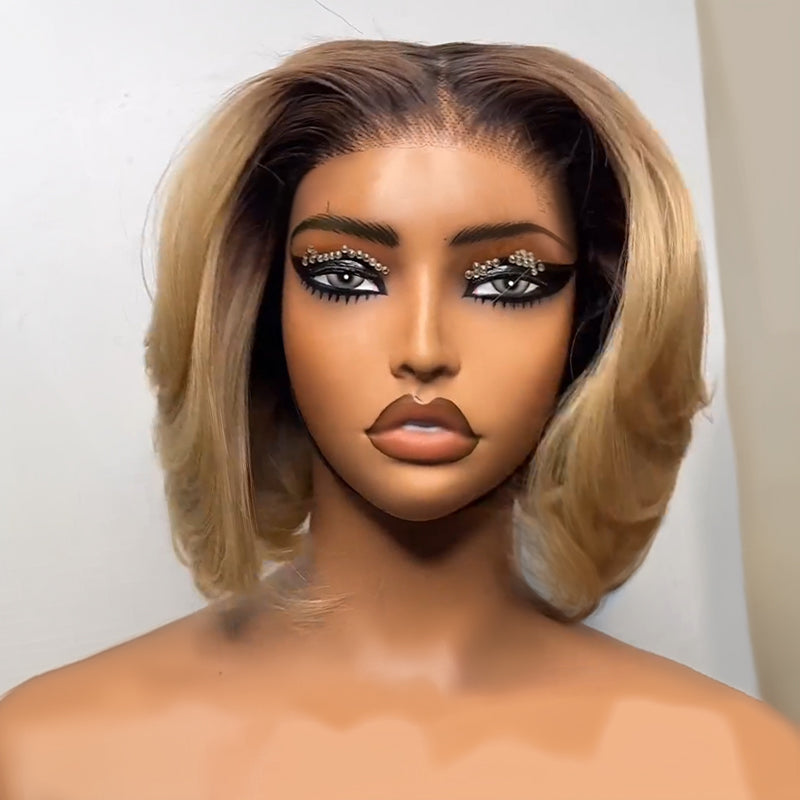 𝑼𝒘𝒂𝒗𝒚 𝑷𝒓𝒆𝒎𝒊𝒖𝒎 𝑳𝒊𝒏𝒆 13x4 Glueless Couleur Blond mélangé brun/Brun chocolat Perruque Bob Sans Colle