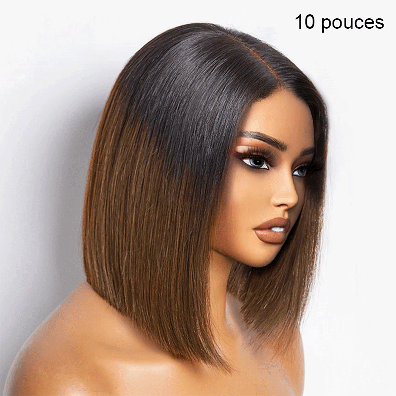 𝟐 𝐅𝐎𝐑 €99💥 Perruque 8" Soyeux Milieu Partie Lisse 2x6 Dentelle+8"Bob Lisse Dégradé Marron 2x6 Dentelle
