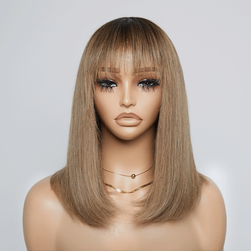 𝑼𝒘𝒂𝒗𝒚 𝑷𝒓𝒆𝒎𝒊𝒖𝒎 𝑳𝒊𝒏𝒆 Pas D'enchevêtrement Glueless Bob Ombre Thé Lait Dégradé Lisse Perruque Sans Colle Bob Avec Frange