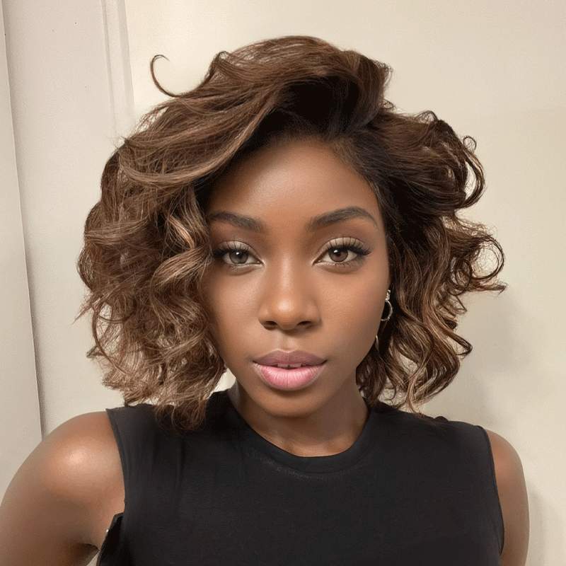 𝑼𝒘𝒂𝒗𝒚 𝑷𝒓𝒆𝒎𝒊𝒖𝒎 𝑳𝒊𝒏𝒆 Luxueuse Couleur Marron Highlight 13x4 Glueless Bouclé Bob Perruque Sans Colle