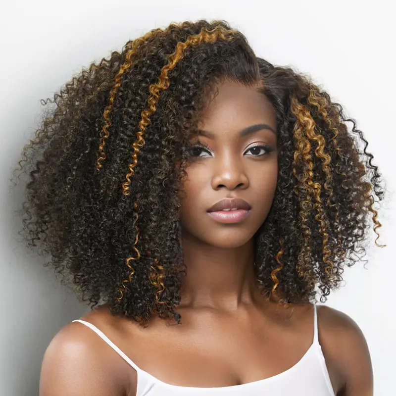 𝑼𝒘𝒂𝒗𝒚 𝑷𝒓𝒆𝒎𝒊𝒖𝒎 𝑳𝒊𝒏𝒆 9x6 Glueless Marron Highlight Bob Perruque Sans Colle Kinky Curly