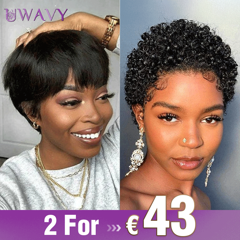𝟐 𝐅𝐎𝐑 €43💥Glueless Perruque Coupe Pixie Couleur Naturelle Lisse+Boucles Laine