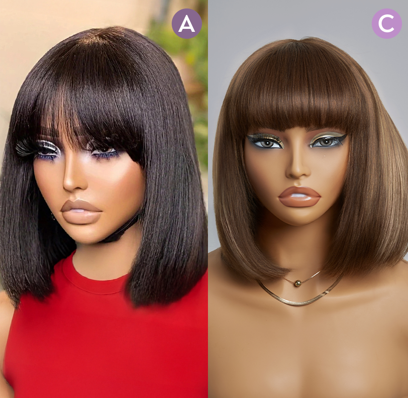 𝟐 𝐅𝐎𝐑 €99💥Diverses Combinaisons Glueless Perruque Noir/Chocolat/99J Frange Bob Lisse