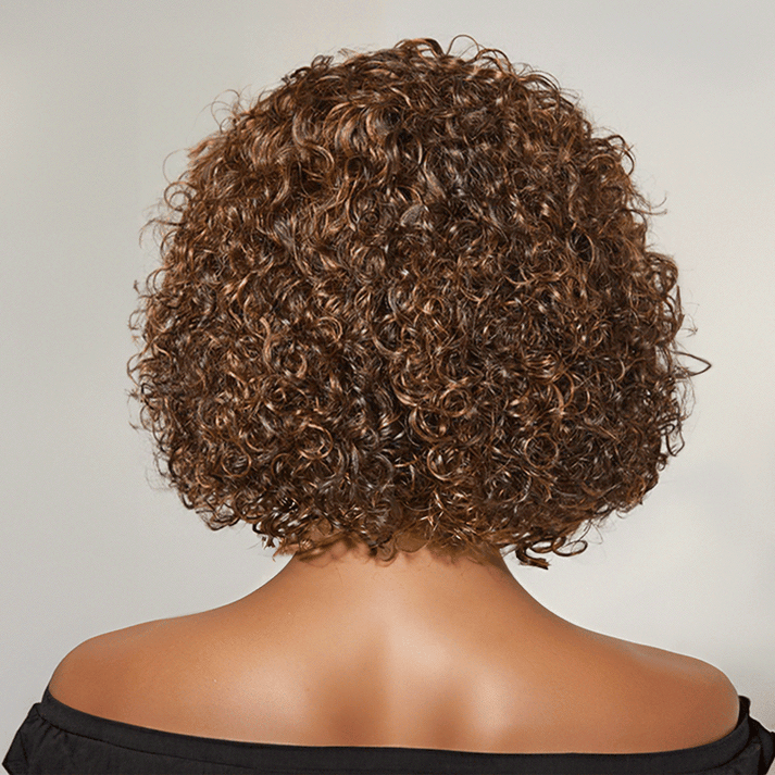 13x4 Glueless Mèches Brunes/Noir Jais Perruque Sans Colle Coupe Courte Bob Vague Bouclée