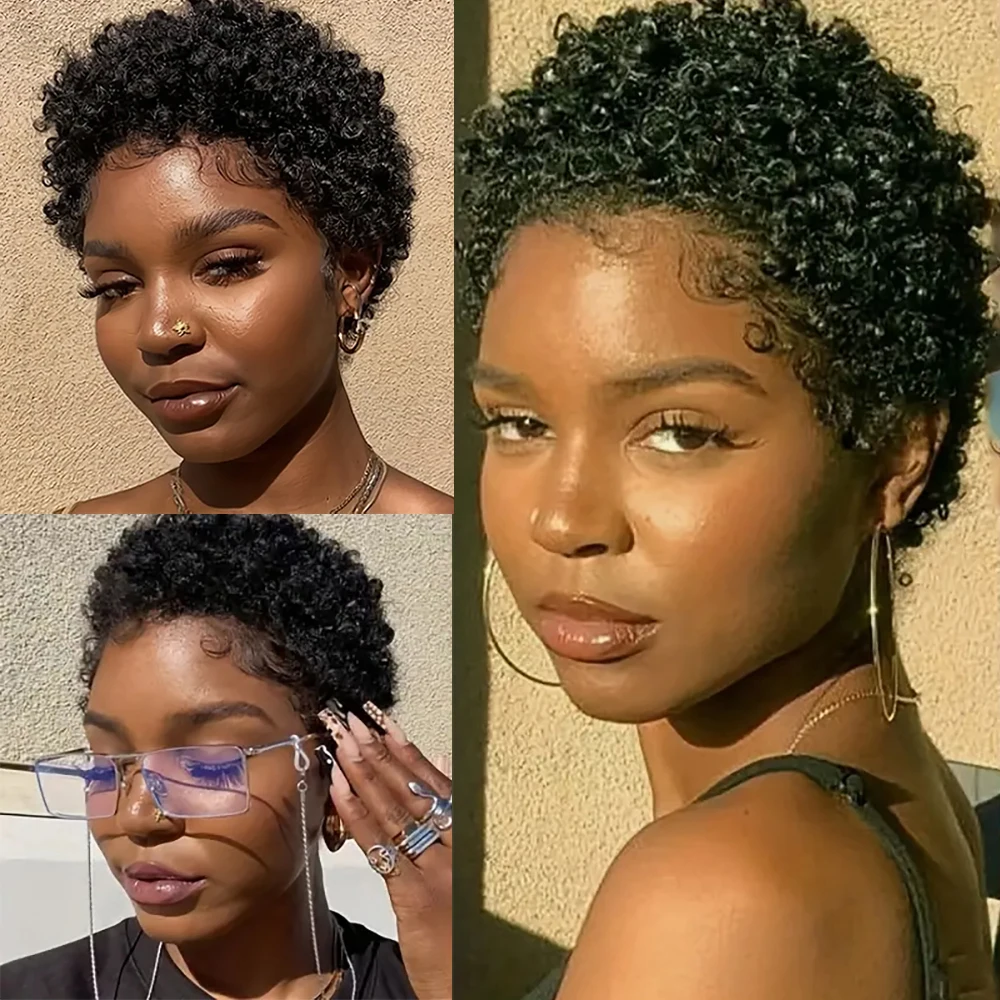 𝟐 𝐅𝐎𝐑 €58💥Perruque Noir Coupe Pixie 13x4 Dentelle Lisse+Glueless Noir Pixie Boucles Laine