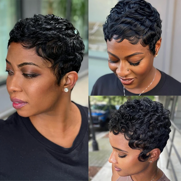 𝟐 𝐅𝐎𝐑 €55💥Glueless Perruque 8" Noir Frange Bob Lisse+Glueless Noir Coupe Pixie Sans colle Ondulé