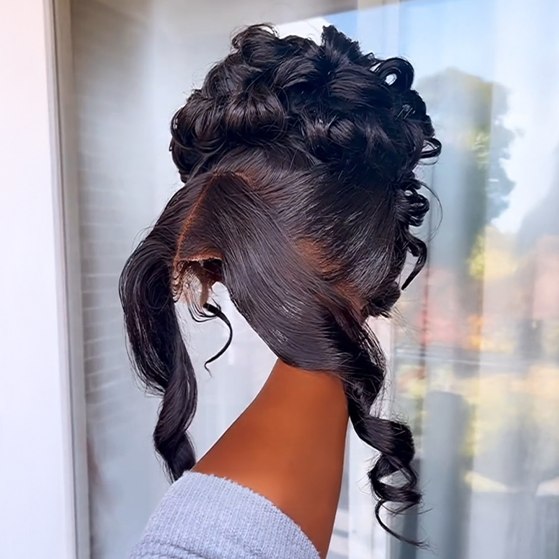 𝑷𝒆𝒓𝒓𝒖𝒒𝒖𝒆 𝑴𝒂𝒓𝒊𝒂𝒈𝒆 𝑷𝒓𝒆́-𝑪𝒐𝒊𝒇𝒇𝒆́𝒆 Coiffures Mariage Rapides Chignon Ondulé Frange Des Deux Côtés Cheveux Humains 13×4 Dentelle
