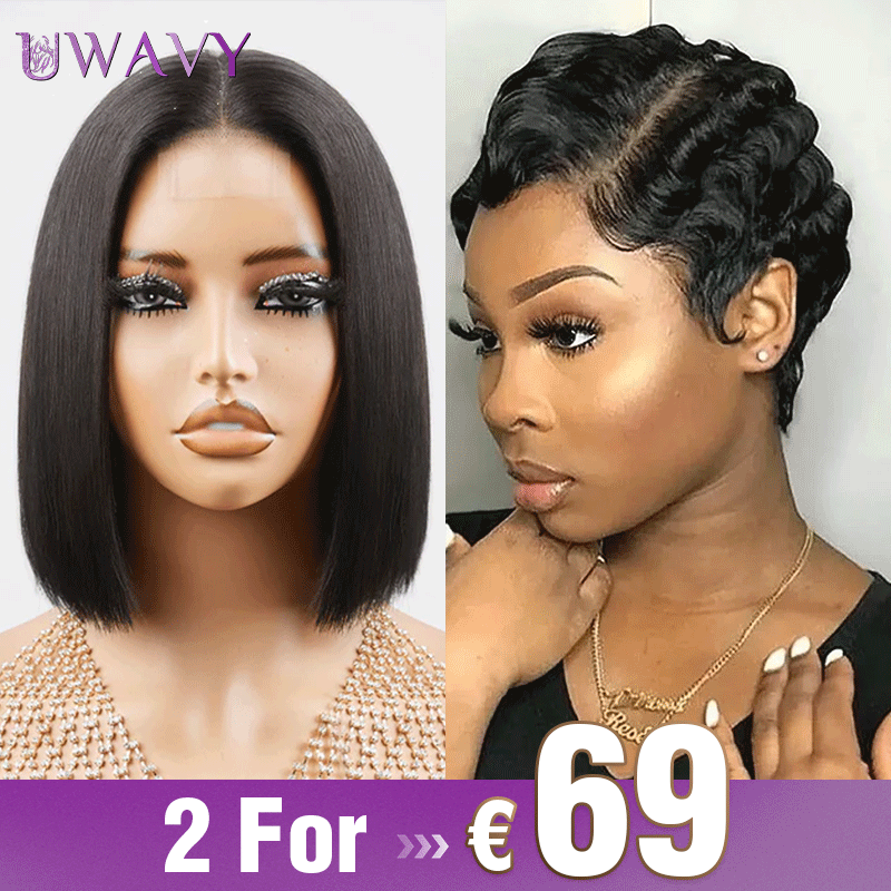 𝟐 𝐅𝐎𝐑 €69💥Perruque 8" Soyeux Milieu Partie Lisse 2x6 Dentelle+Léger Résistante Glueless Coupe Pixie Ondulée