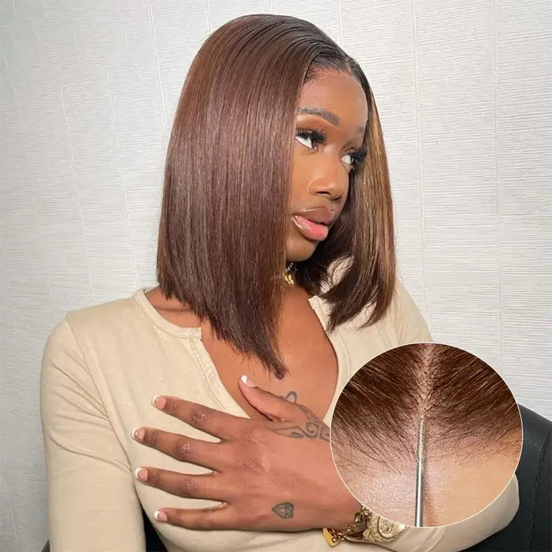𝑼𝒘𝒂𝒗𝒚 𝑷𝒓𝒆𝒎𝒊𝒖𝒎 𝑳𝒊𝒏𝒆 9x6 Glueless Chocolate Brown Bob Perruque Sans Colle Wear Go Lisse