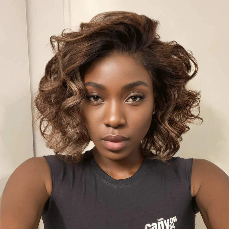 𝑼𝒘𝒂𝒗𝒚 𝑷𝒓𝒆𝒎𝒊𝒖𝒎 𝑳𝒊𝒏𝒆 Luxueuse Couleur Marron Highlight 13x4 Glueless Bouclé Bob Perruque Sans Colle