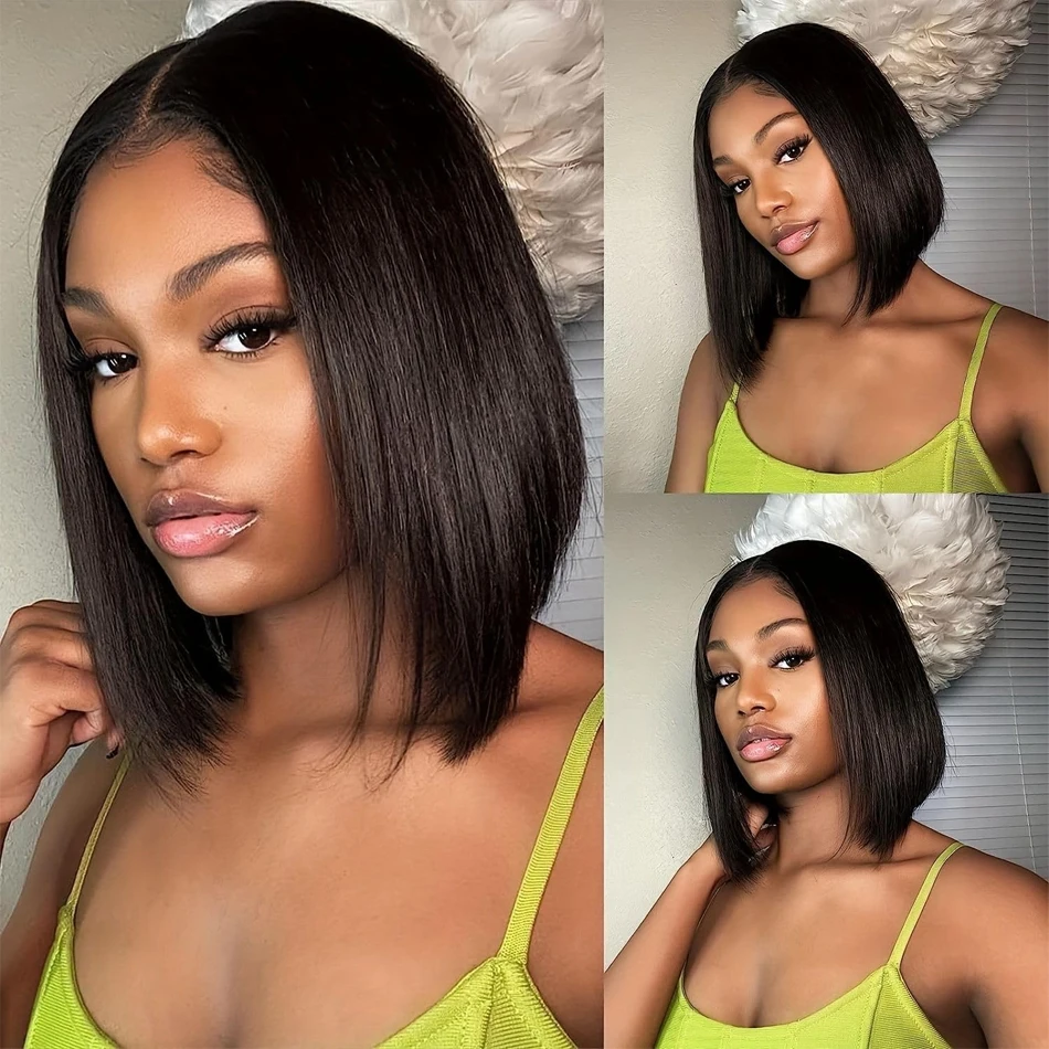 𝟐 𝐅𝐎𝐑 €79💥 Perruque 8" Soyeux Milieu Partie Lisse 2x6 Dentelle+8" Frange Mode Bob Lisse Noir