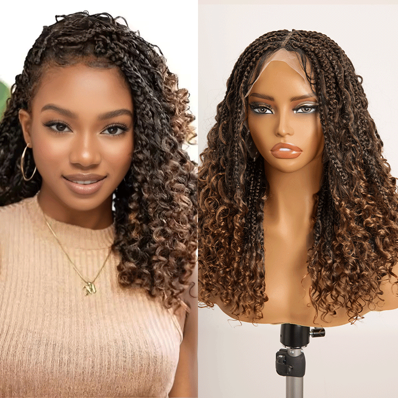 𝑼𝒘𝒂𝒗𝒚 𝑷𝒓𝒆𝒎𝒊𝒖𝒎 𝑳𝒊𝒏𝒆 Perruque Tressée Bohème Ombre Brun En Dentelle Intégrale Avec Cheveux Bébé Synthétique 300% Densité