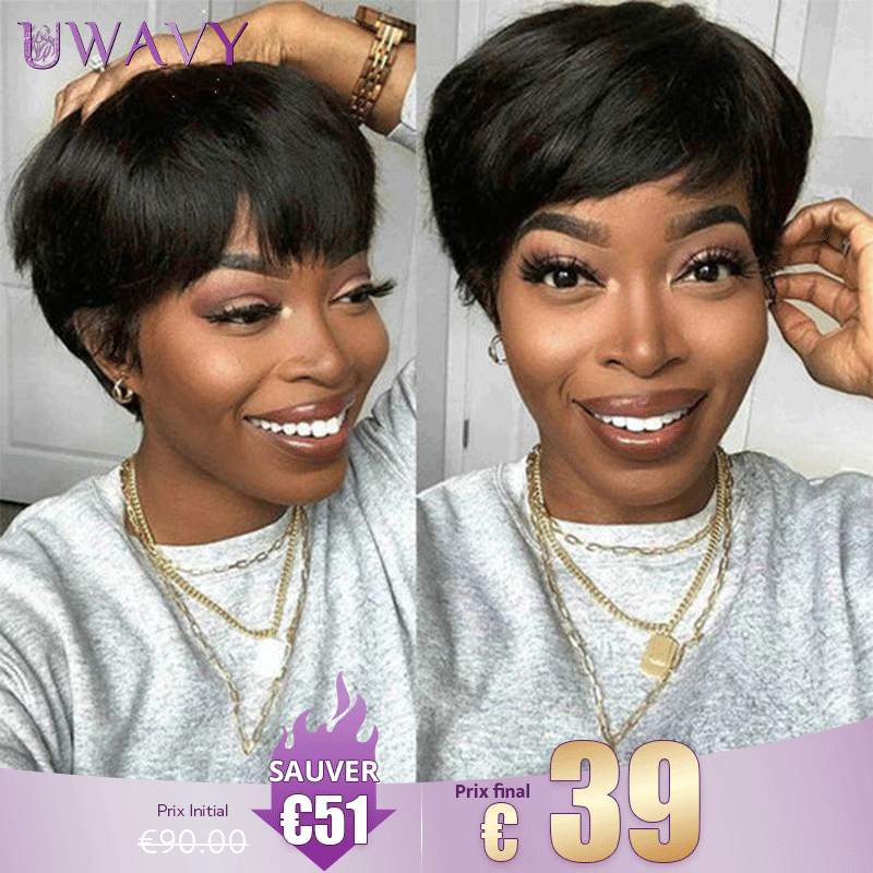 𝐏𝐫𝐞̂𝐭 𝐞𝐧 𝟐𝟒𝐡⚡Facile Entretenir Glueless Wear Go Noir Coupe Pixie Perruque Sans Colle Lisse