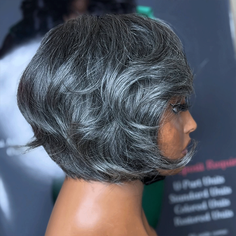 𝑼𝒘𝒂𝒗𝒚 𝑷𝒓𝒆𝒎𝒊𝒖𝒎 𝑳𝒊𝒏𝒆 Patron mature Glueless Couleur Sel Et Poivre 5x5 Nœuds Blanchis Perruque Sans Colle
