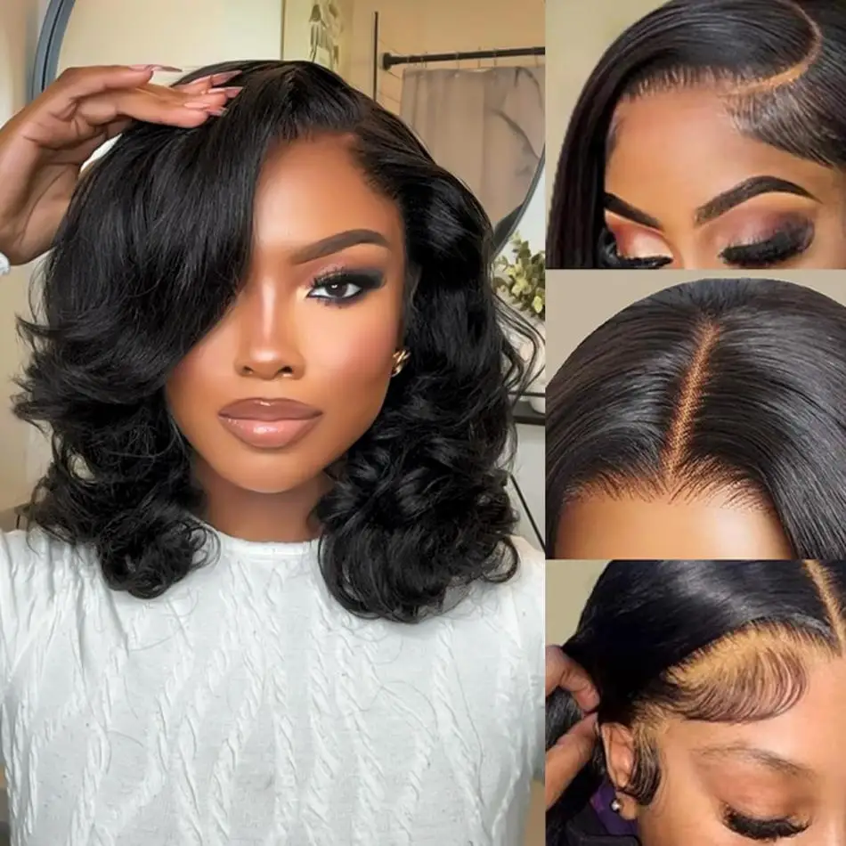 𝟐 𝐅𝐎𝐑 €78💥Glueless Perruque Coupe Pixie+13x4 Dentelle 8" Noir Bob Naturelle Wave