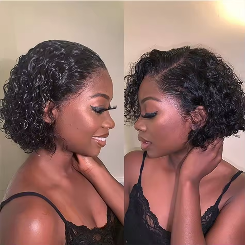 𝐏𝐫𝐞̂𝐭 𝐞𝐧 𝟐𝟒𝐡⚡Naturelle Confortable Perruque Noir Coupe Pixie 13x4 T-Part Dentelle Vague Bouclée Cheveux Humains