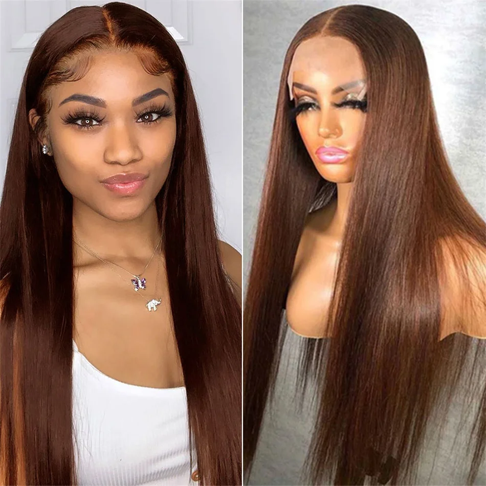 𝐏𝐫𝐞̂𝐭 𝐞𝐧 𝟐𝟒𝐡⚡Style Élégant Au Quotidien 13x4 Dentelle Perruque Couleur Brun Chocolat Lisse Cheveux Humains