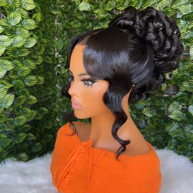 𝑷𝒆𝒓𝒓𝒖𝒒𝒖𝒆 𝑴𝒂𝒓𝒊𝒂𝒈𝒆 𝑷𝒓𝒆́-𝑪𝒐𝒊𝒇𝒇𝒆́𝒆 Coiffures Mariage Rapides Chignon Ondulé Frange Des Deux Côtés Cheveux Humains 13×4 Dentelle