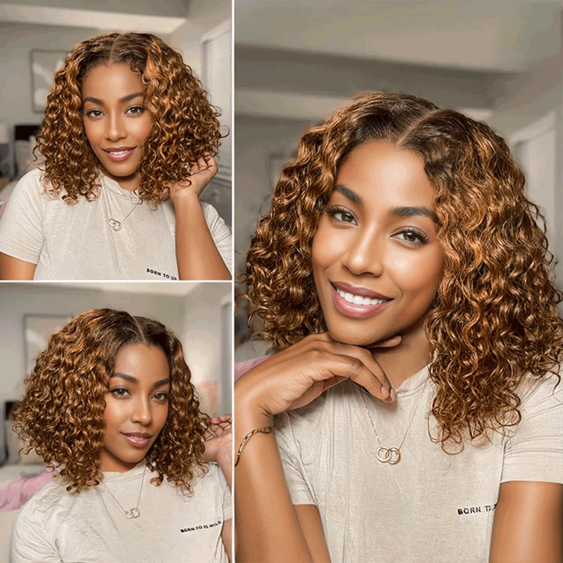 𝑼𝒘𝒂𝒗𝒚 𝑷𝒓𝒆𝒎𝒊𝒖𝒎 𝑳𝒊𝒏𝒆 Glueless Bob Couleur Mèches Ombre Marron/Noir 4×4 Perruque Sans Colle Bouclé