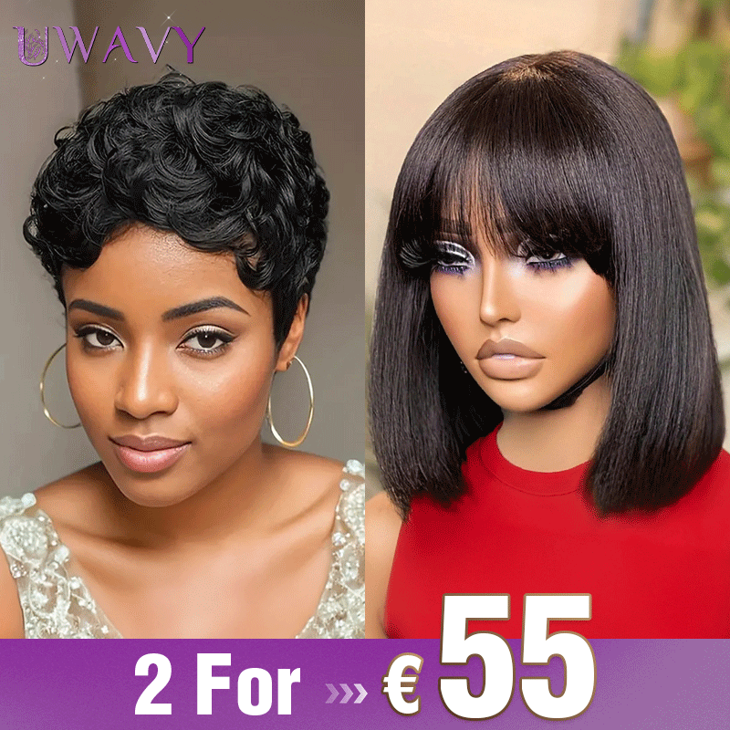 𝟐 𝐅𝐎𝐑 €55💥Glueless Perruque 8" Noir Frange Bob Lisse+Glueless Noir Coupe Pixie Sans colle Ondulé