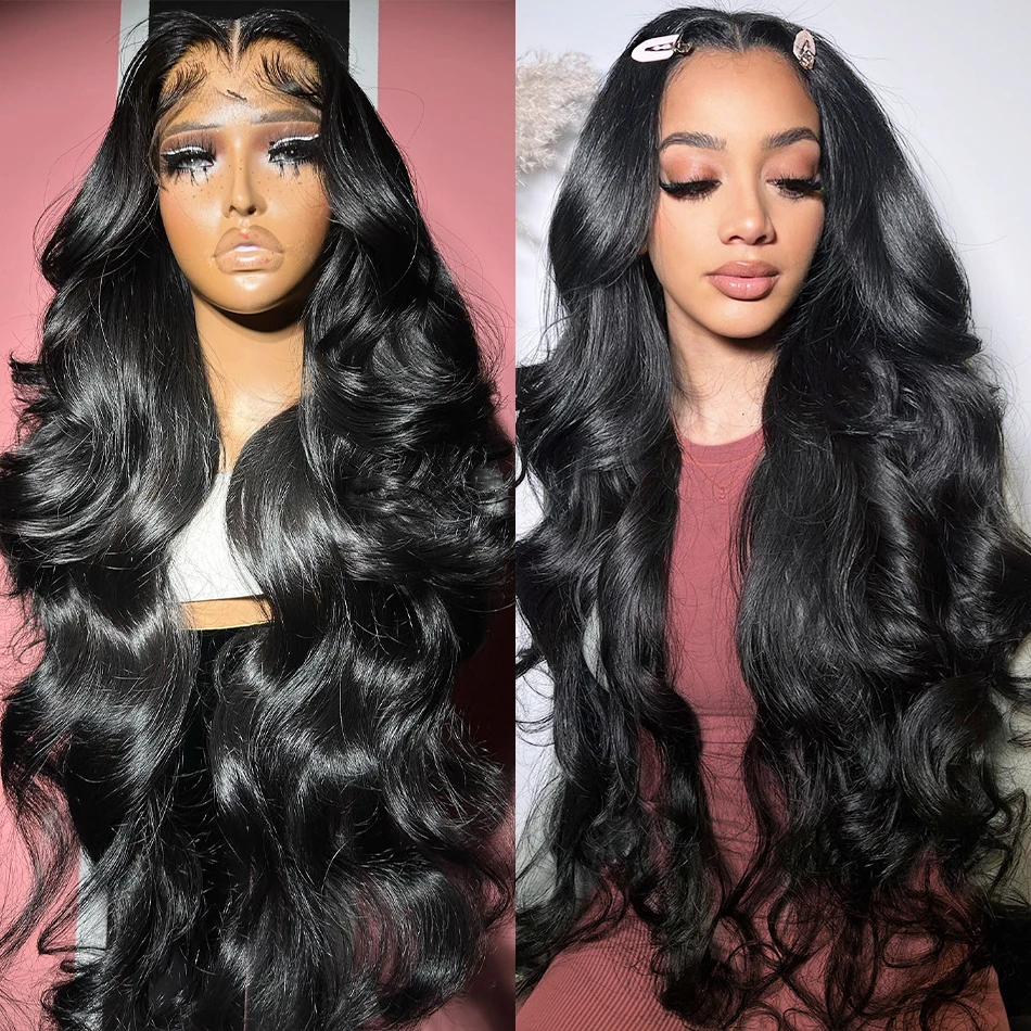 𝟐 𝐅𝐎𝐑 €119💥Perruque 20"Noir 13×4 Dentelle Body Wave+8" Frange No Lace Mode Bob Lisse Noir