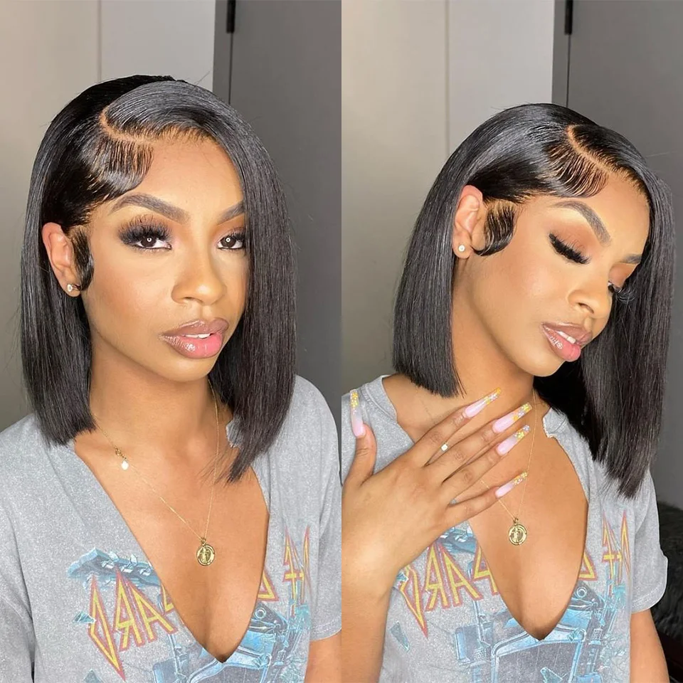 𝐏𝐫𝐞̂𝐭 𝐞𝐧 𝟐𝟒𝐡⚡Perruque Ajustable Respirante Bob Perruque 13×6 Dentelle Cheveux Humains Lisse Noir Couleur
