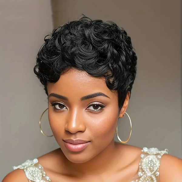 𝟐 𝐅𝐎𝐑 €55💥Glueless Perruque 8" Noir Frange Bob Lisse+Glueless Noir Coupe Pixie Sans colle Ondulé