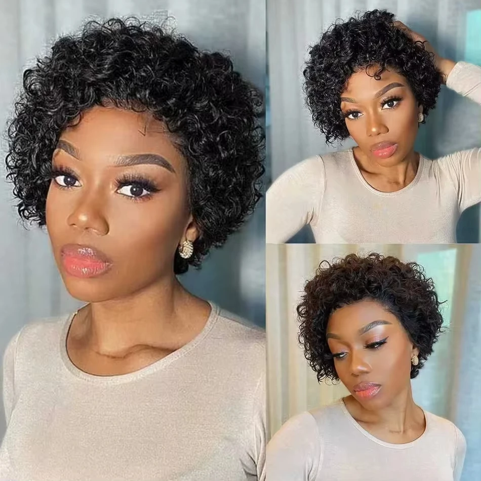𝐏𝐫𝐞̂𝐭 𝐞𝐧 𝟐𝟒𝐡⚡Naturelle Confortable Perruque Noir Coupe Pixie 13x4 T-Part Dentelle Vague Bouclée Cheveux Humains