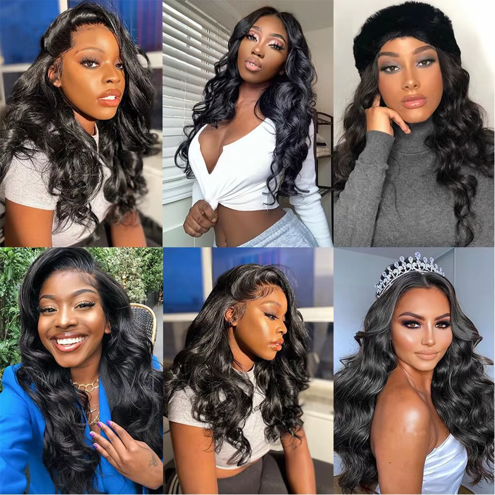 𝟐 𝐅𝐎𝐑 €119💥Perruque 20"Noir 13×4 Dentelle Body Wave+8" Frange No Lace Mode Bob Lisse Noir