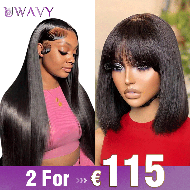 𝟐 𝐅𝐎𝐑 €115💥Combinaisons Glueless Perruque 8" Noir Frange Bob Lisse+13×6 Dentelle 20“ Lisse Cheveux 100% Humains