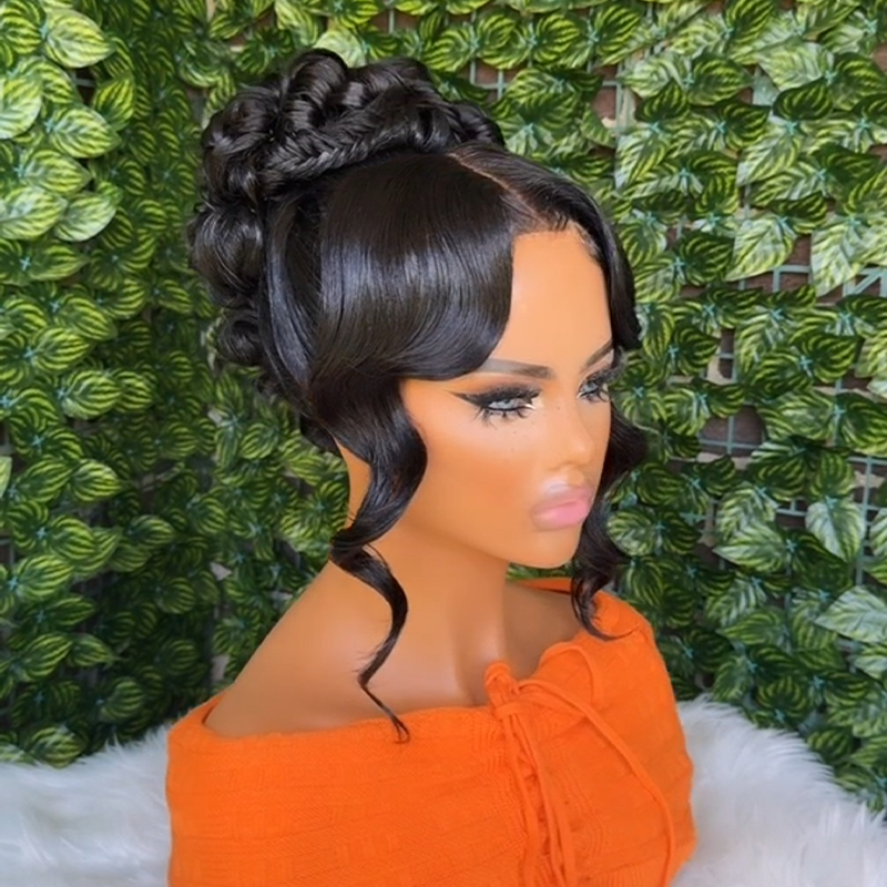 𝑷𝒆𝒓𝒓𝒖𝒒𝒖𝒆 𝑴𝒂𝒓𝒊𝒂𝒈𝒆 𝑷𝒓𝒆́-𝑪𝒐𝒊𝒇𝒇𝒆́𝒆 Coiffures Mariage Rapides Chignon Ondulé Frange Des Deux Côtés Cheveux Humains 13×4 Dentelle