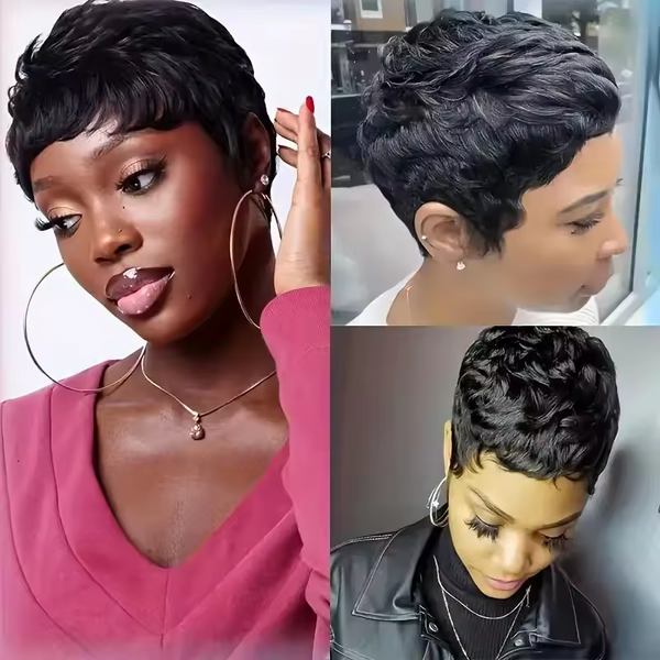 𝟐 𝐅𝐎𝐑 €55💥Glueless Perruque 8" Noir Frange Bob Lisse+Glueless Noir Coupe Pixie Sans colle Ondulé