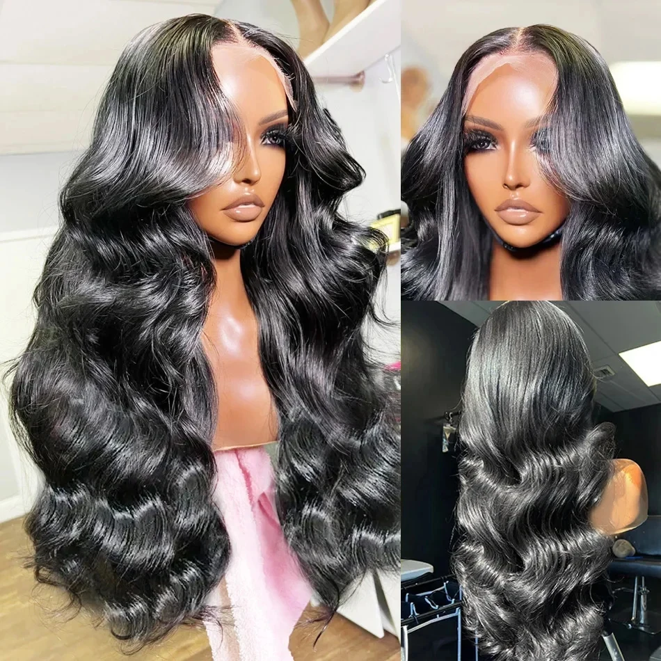 𝟐 𝐅𝐎𝐑 €119💥Perruque 20"Noir 13×4 Dentelle Body Wave+8" Frange No Lace Mode Bob Lisse Noir