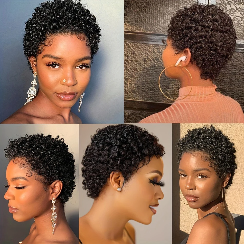 𝟐 𝐅𝐎𝐑 €58💥Perruque Noir Coupe Pixie 13x4 Dentelle Lisse+Glueless Noir Pixie Boucles Laine