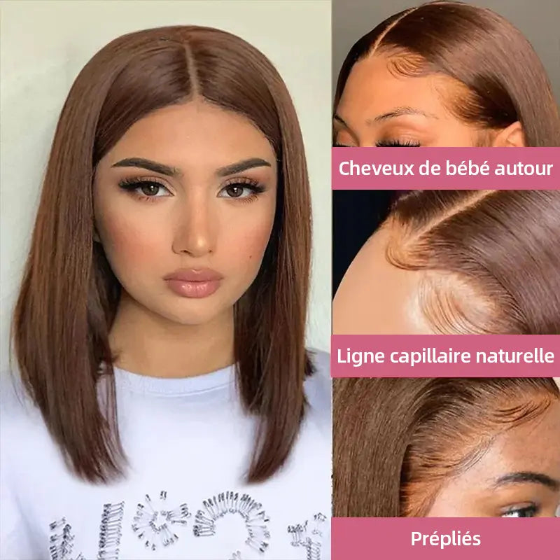𝐏𝐫𝐞̂𝐭 𝐞𝐧 𝟐𝟒𝐡⚡Prêt À Partir Densité Equilibrée Couleur Chocolat 13×4 Dentelle Lisse Bob Perruque Cheveux Humains
