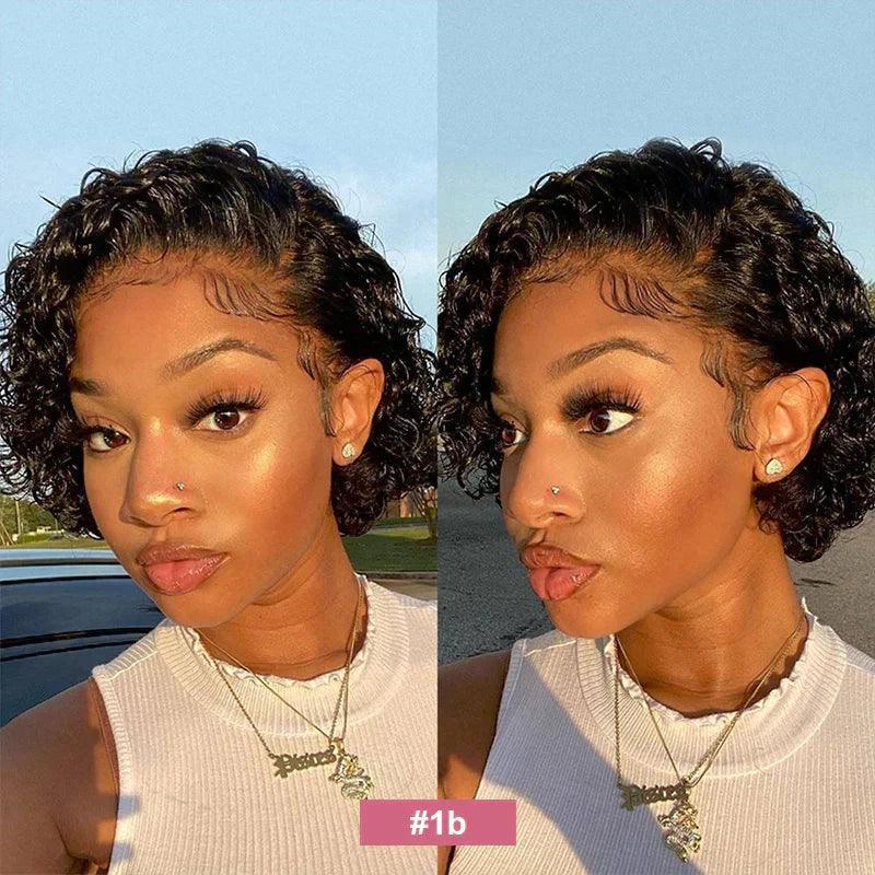 𝐏𝐫𝐞̂𝐭 𝐞𝐧 𝟐𝟒𝐡⚡Naturelle Confortable Perruque Noir Coupe Pixie 13x4 T-Part Dentelle Vague Bouclée Cheveux Humains
