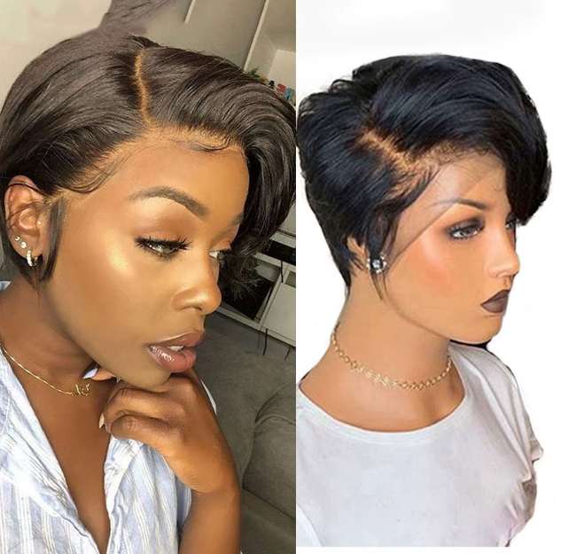 𝟐 𝐅𝐎𝐑 €58💥Perruque Noir Coupe Pixie 13x4 Dentelle Lisse+Glueless Noir Pixie Boucles Laine