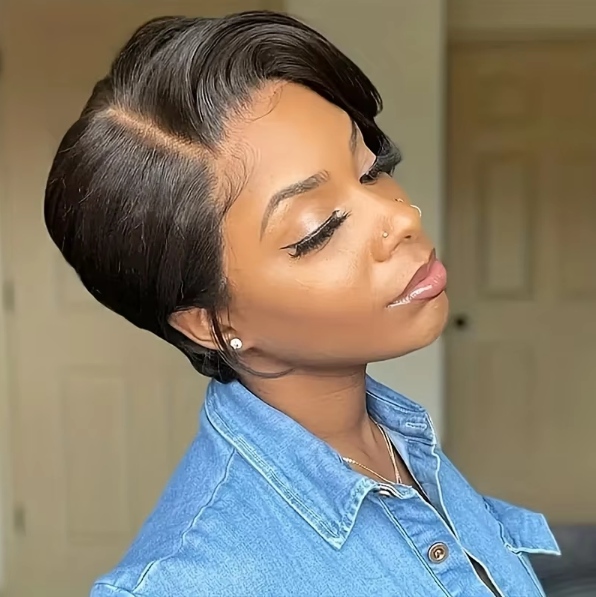 𝟐 𝐅𝐎𝐑 €58💥Perruque Noir Coupe Pixie 13x4 Dentelle Lisse+Glueless Noir Pixie Boucles Laine