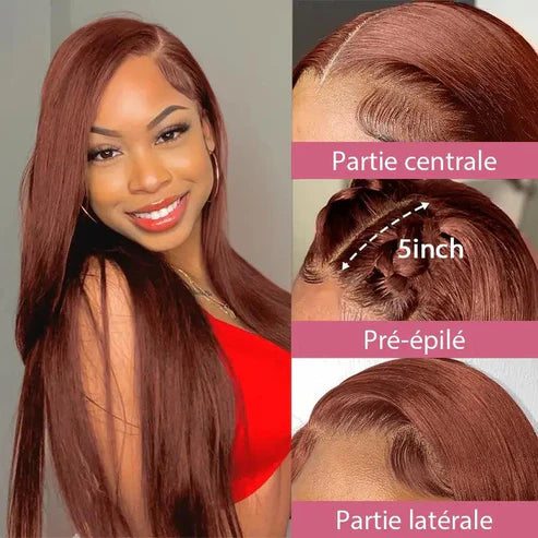 𝑼𝒘𝒂𝒗𝒚 𝑷𝒓𝒆𝒎𝒊𝒖𝒎 𝑳𝒊𝒏𝒆 9x6 Glueless Pré-épilé Brun Rougeâtre Couleur Perruque Sans Colle Lisse