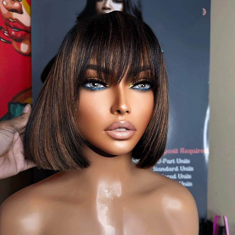 𝑼𝒘𝒂𝒗𝒚 𝑷𝒓𝒆𝒎𝒊𝒖𝒎 𝑳𝒊𝒏𝒆 Pour Débutants Glueless Bob Perruque Cheveux Humains Avec Mèches Brunes Et Frange Lisse