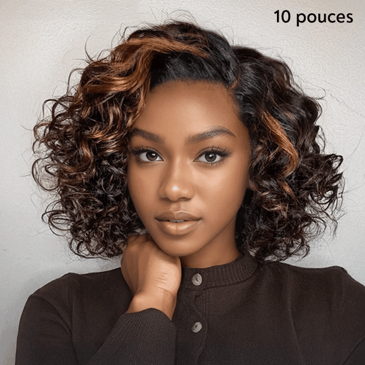 𝑼𝒘𝒂𝒗𝒚 𝑷𝒓𝒆𝒎𝒊𝒖𝒎 𝑳𝒊𝒏𝒆 Glueless Bob Couleur Mèches Ombre Marron/Noir 4×4 Perruque Sans Colle Bouclé
