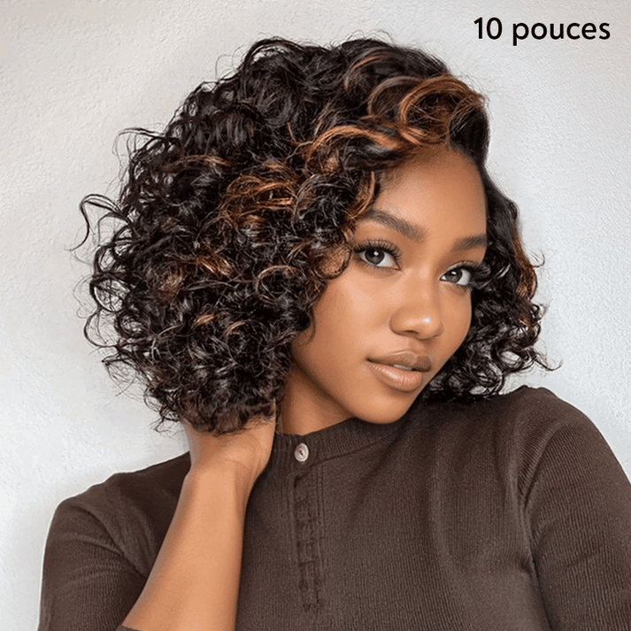 𝑼𝒘𝒂𝒗𝒚 𝑷𝒓𝒆𝒎𝒊𝒖𝒎 𝑳𝒊𝒏𝒆 Glueless Bob Couleur Mèches Ombre Marron/Noir 4×4 Perruque Sans Colle Bouclé