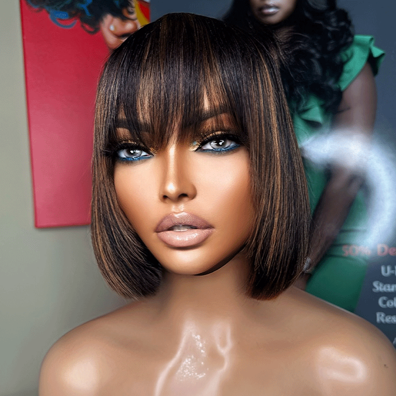 𝑼𝒘𝒂𝒗𝒚 𝑷𝒓𝒆𝒎𝒊𝒖𝒎 𝑳𝒊𝒏𝒆 Pour Débutants Glueless Bob Perruque Cheveux Humains Avec Mèches Brunes Et Frange Lisse
