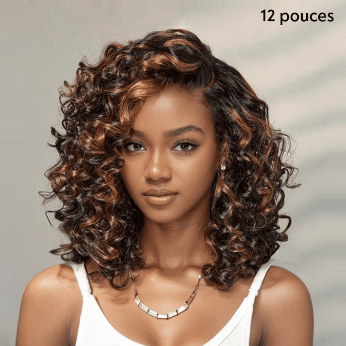 𝑼𝒘𝒂𝒗𝒚 𝑷𝒓𝒆𝒎𝒊𝒖𝒎 𝑳𝒊𝒏𝒆 Glueless Bob Couleur Mèches Ombre Marron/Noir 4×4 Perruque Sans Colle Bouclé