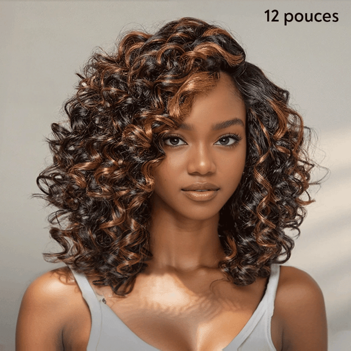 𝑼𝒘𝒂𝒗𝒚 𝑷𝒓𝒆𝒎𝒊𝒖𝒎 𝑳𝒊𝒏𝒆 Glueless Bob Couleur Mèches Ombre Marron/Noir 4×4 Perruque Sans Colle Bouclé