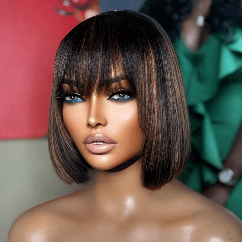 𝑼𝒘𝒂𝒗𝒚 𝑷𝒓𝒆𝒎𝒊𝒖𝒎 𝑳𝒊𝒏𝒆 Pour Débutants Glueless Bob Perruque Cheveux Humains Avec Mèches Brunes Et Frange Lisse