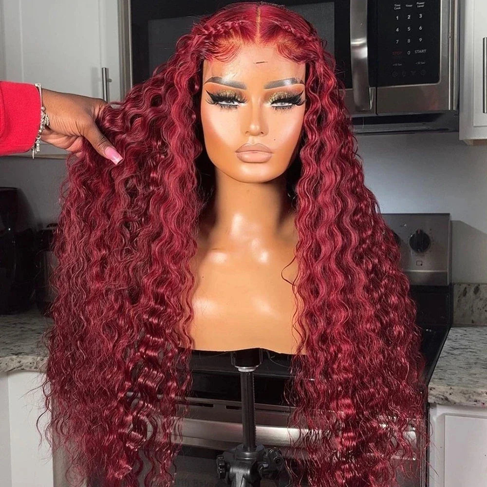 13x4 Burgundy/99J Lace Front Perruques Cheveux Humains Brésilienne Deep Curly - Uwavy