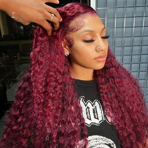 13x4 Burgundy/99J Lace Front Perruques Cheveux Humains Brésilienne Deep Curly - Uwavy